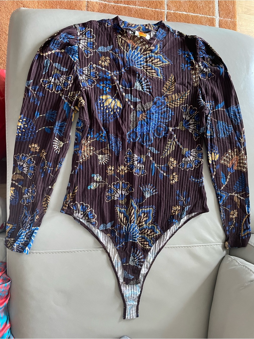 FARM Rio Brown Floral Ribbed Long-Sleeve Bodysuit with Blue & Gold Print